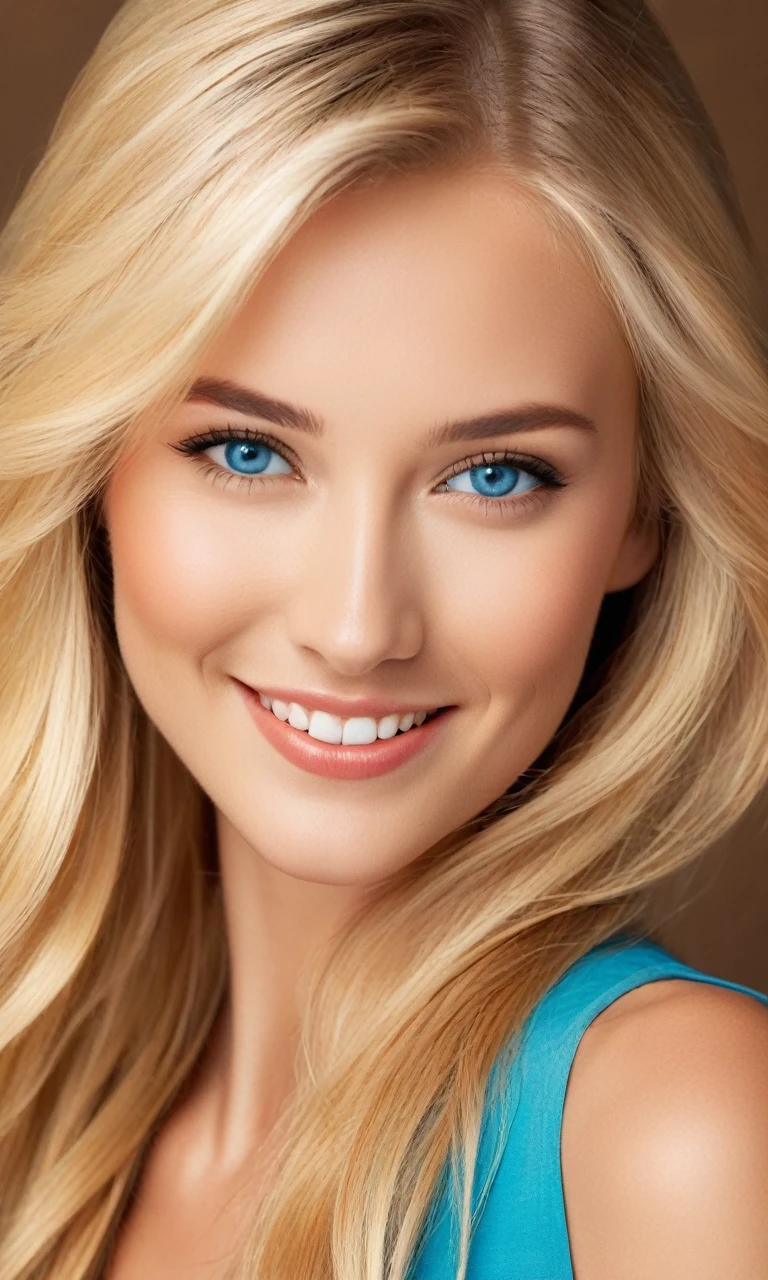 A portrait of a beautiful woman with the following features:
- Straight, long bright blonde hair
- Large, expressive blue eyes with natural makeup and emphasized with eyeliner and mascara
- High cheekbones and a well-defined nose, giving a sculpted and exotic appearance
- Healthy, bronze-colored skin
- Wearing stylish fashion, mixing casual and elegant elements
- A bright, friendly smile
- Ensure her facial features do not appear Asian