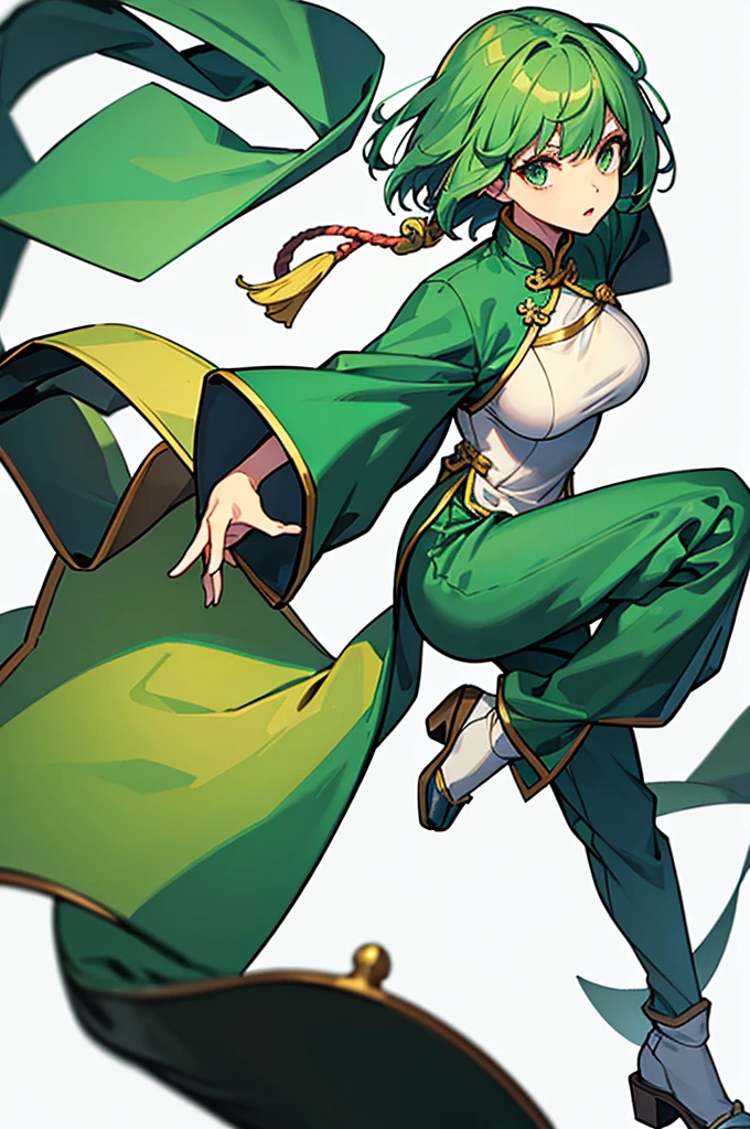 Green Hair、Her hair is short、small breast、upright stance、full body、Fighter、male、Uniform、Chinese Knight、Chinese style、White background、No exposure、China dress、pants、band、front、White clothes、Kung Fu、slender