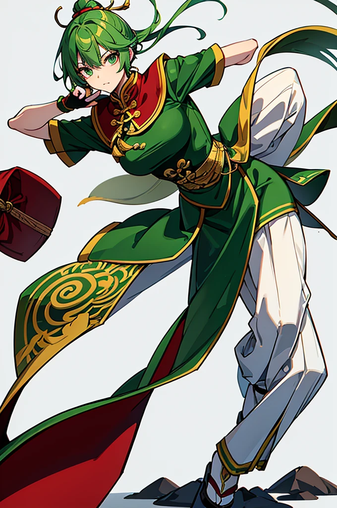 Green Hair、Her hair is short、small breast、upright stance、full body、Fighter、male、Uniform、Chinese Knight、Chinese style、White background、No exposure、China dress、pants、band、front、White clothes、Kung Fu、slender