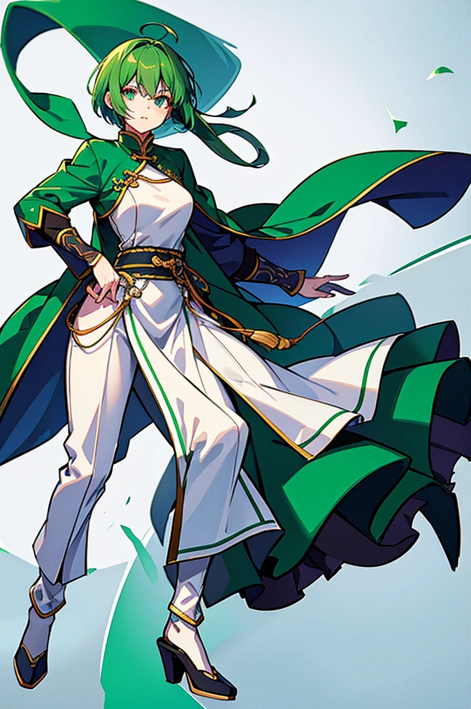Green Hair、Her hair is short、small breast、upright stance、full body、Fighter、male、Uniform、Chinese Knight、Chinese style、White background、No exposure、China dress、pants、band、front、White clothes、Kung Fu、slender