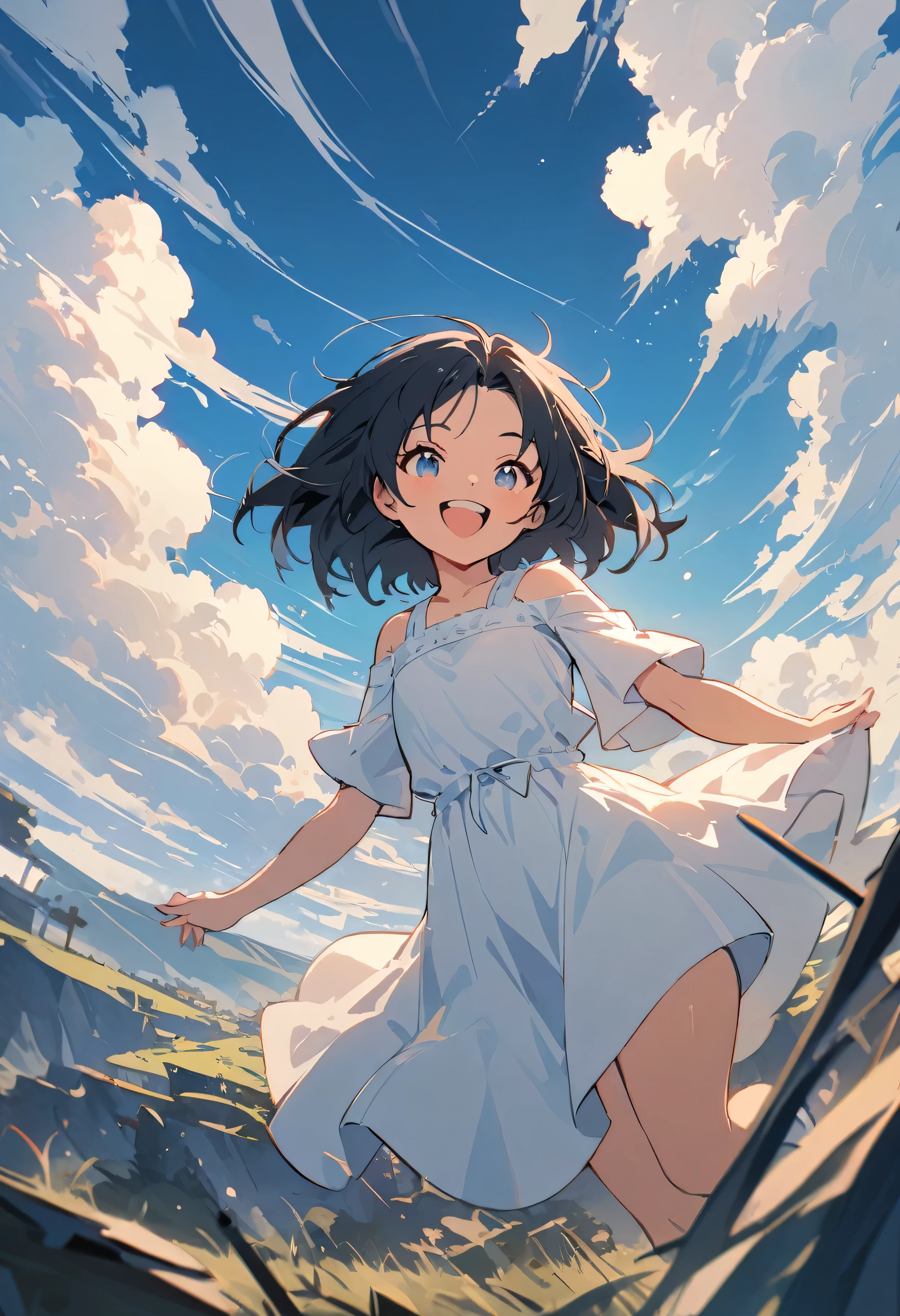 (masterpiece), (Highest quality), (Very detailed), (Disheveled Hair), (One Girl), (White clothes), (Black Hair), Full Body Shot, Perfect Anatomy, One Girl, cloud girl, cloud, null, bright, Happy, fun, Dazzling Light, 青null, Dynamic Angle, Anime Style, smiling amidst the scenes, bob cut, parted bangs, forehead, 12 years old