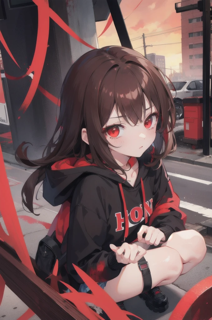 Brown hair. Anime girl. Red eye. Sad. Black hoodie. Blood. Destroyed city