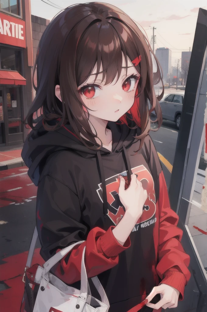 Brown hair. Anime girl. Red eye. Sad. Black hoodie. Blood. Destroyed city