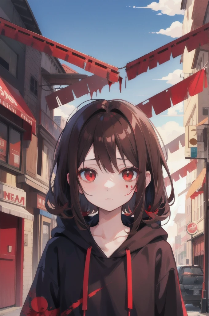 Brown hair. Anime girl. Red eye. Sad. Black hoodie. Blood. Destroyed city