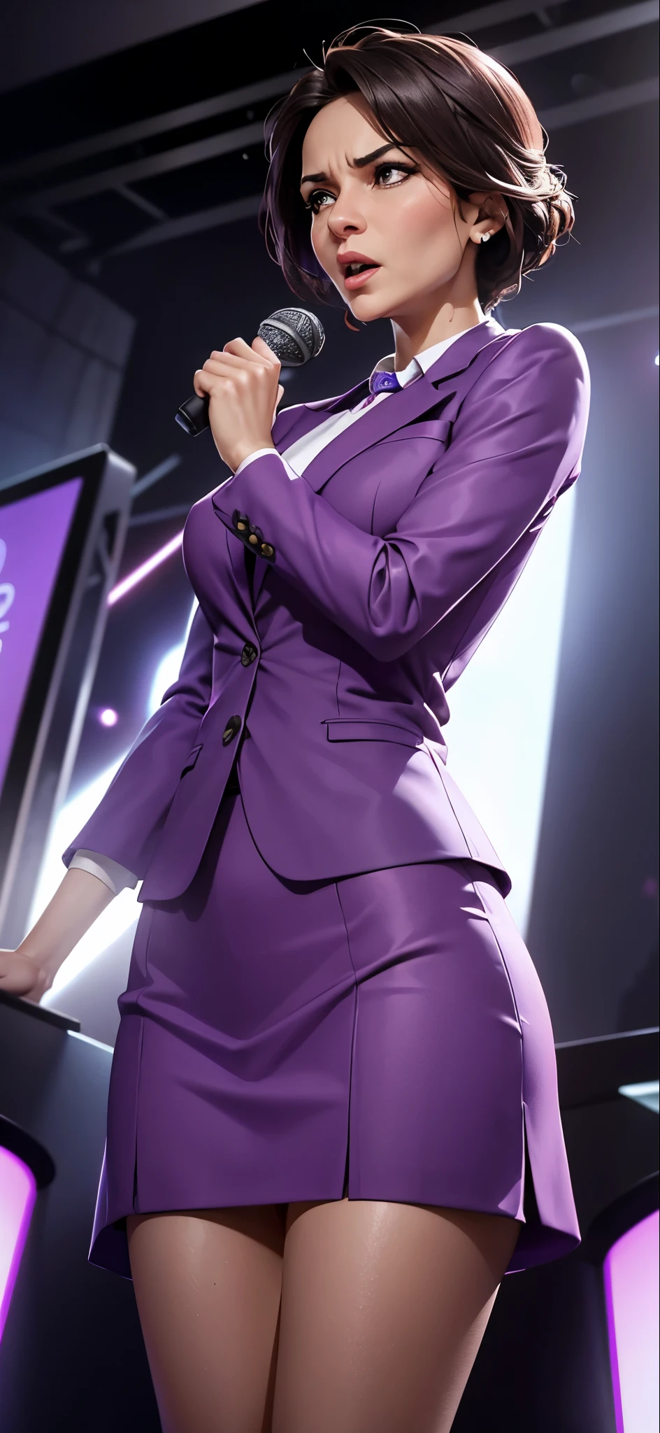 Create a dynamic and engaging image of a middle-aged woman wearing a light purple suit, standing confidently at a podium. She is speaking passionately into a microphone, as if engaging in a heated debate or delivering a persuasive speech. The woman’s expression should capture the intensity and passion of a debater type, with a sharp gaze and animated gestures. The podium and microphone should emphasize the public speaking aspect, surrounded by a vibrant and dramatic background that highlights the atmosphere of a high-stakes debate. Use bold lighting and contrasting shadows to enhance the intensity of the scene, making it visually striking and full of energy. This image should be creative and impactful, suitable for a captivating thumbnail.