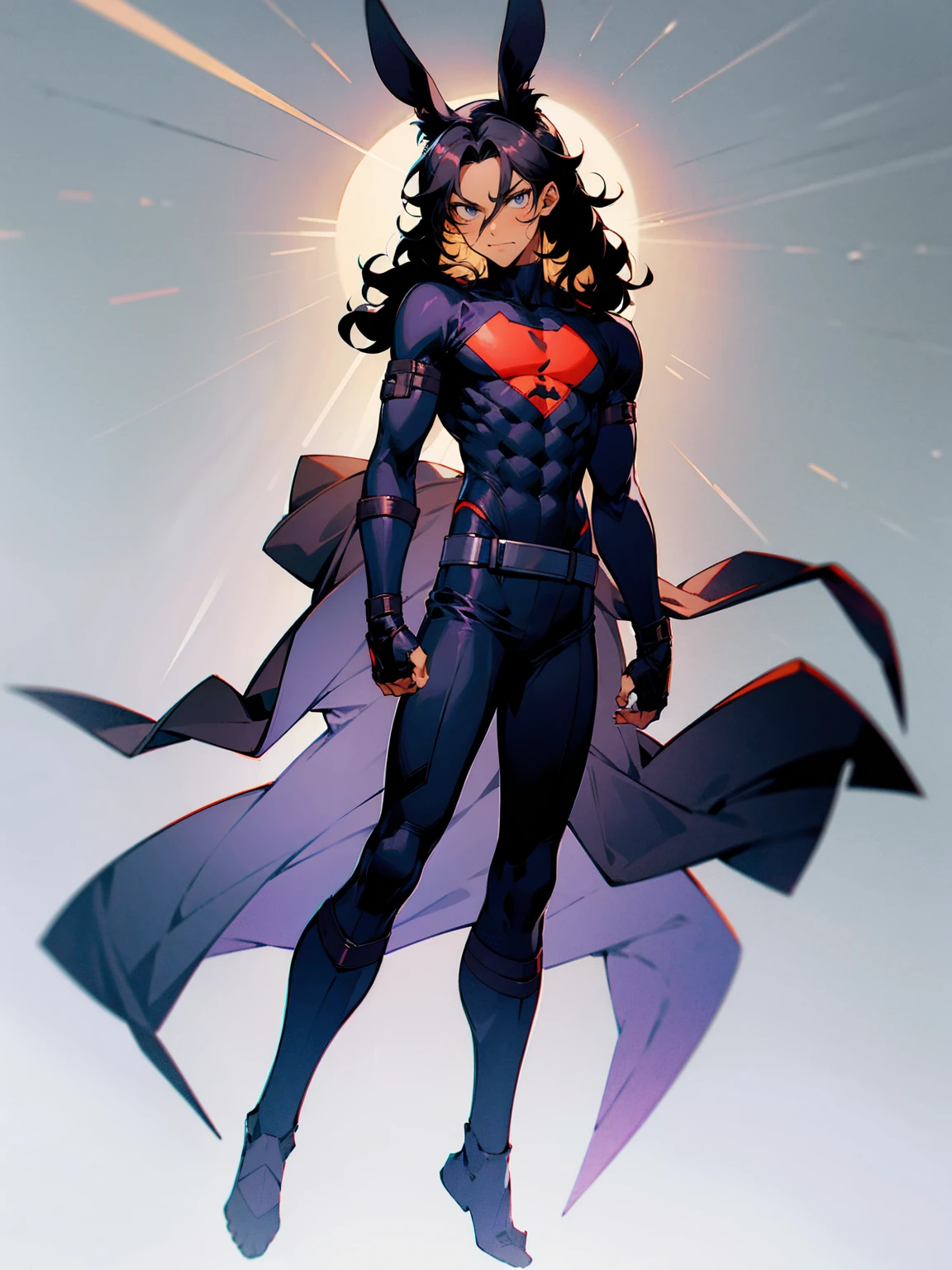 1male, young, dark skin, black hair, wavy middle parted hair, rabbit ears, grey eyes, lean build, black sweatshirt, black super suit, tied to waist, leg bracers, Japanese school, serious expression