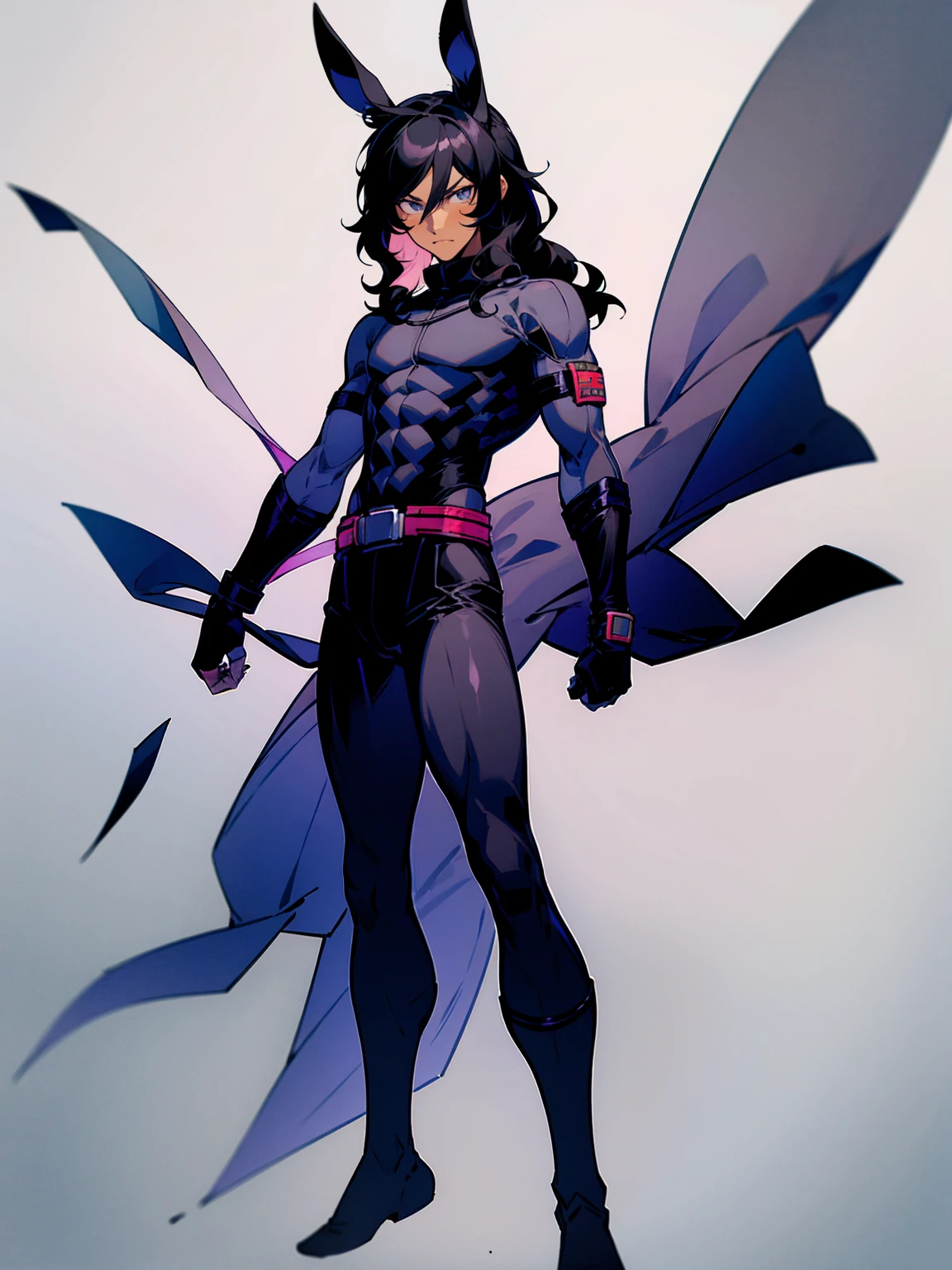 1male, young, dark skin, black hair, wavy middle parted hair, rabbit ears, grey eyes, lean build, black sweatshirt, black super suit, tied to waist, leg bracers, Japanese school, serious expression