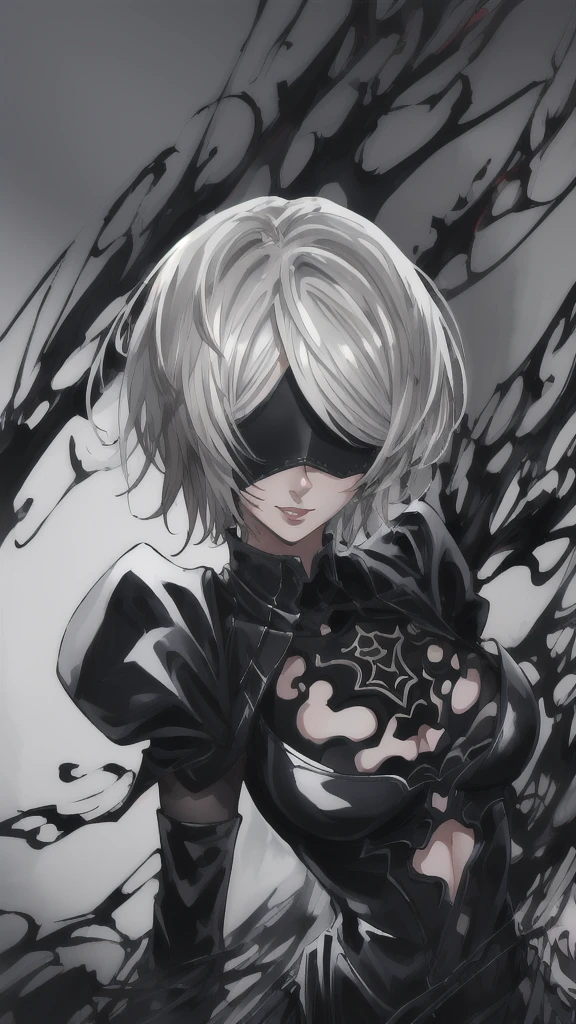 Epic CG masterpiece, hdr,DTM, full ha,8K, ultra detailed graphic tension, dynamic poses, stunning colors, 3D rendering, Surrealism, cinematic lighting effects, Realism, 00 renderer, super realistic, Super view, super wide Angle, HD
blury background,automata inspired、Nier Automata Characters、Nier Automata Cosplay、(High Resolution、4K、highest quality) Inspired by Nier、A girl in a black outfit holding a sword: Automata。Girls、((Both eyes are completely covered with a black blindfold.))、Delicate and beautiful silvery white short hair、Beautiful detailed lips、And has a highly detailed face with fine skin texture。,symbiote,The girl&#39;s black outfit is made of shiny leather material.、Gives a stylish and futuristic look。In his hand he holds a silver sword、Reflecting sunlight。The blade is intricately engraved、The craftsmanship shines through。Girl&#39;s hair blowing in the wind、Adds dynamic movement to the scene。The overall image is realistic and photorealistic.、Sharp focus and vibrant colors、Enhances visual impact。This artwork is from Nier : It captures the essence of Automata.、It pays tribute to the iconic character 2b.。,
depth of field,An ultrarealistic full body photo of woman in fighting venom symbiote, black venom symbiote tentacles, laying deep in dark black liquid , evil smile, evil glowing eyes, hyper realistic, 8K,
1gir, solo,lips, (shiny skin:1.5)skin tight,grey eyes,
spider web print,
