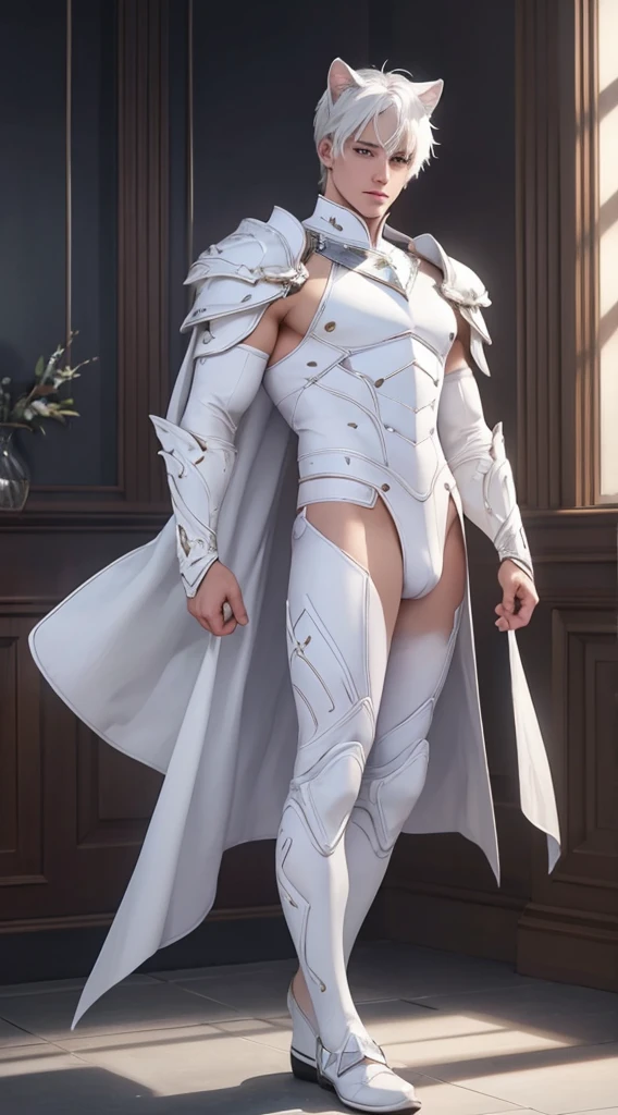 full Body photorealistic 4k catboy , white cats ears, high resolution, best quality, masterpiece, wearing white thong jackstap perfect color, perfect shade, perfect lighting, Posted by e621, ((portrait)), ((handsome man)), perfect male figure, Short hair details hunk, Detailed face, perfect face, (stood up), Detailed background, ((Bonifasco Lighting)), (delicate eyes),((white armor)),((animal ears)),white hair.