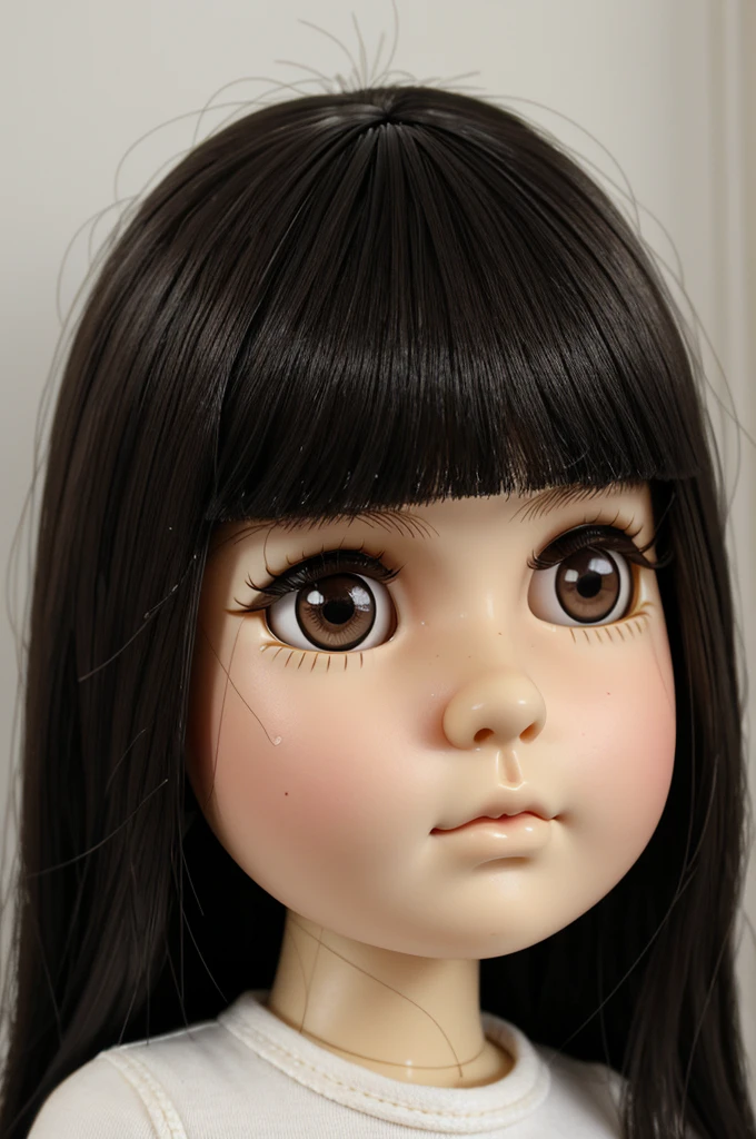 Blythe doll, chubby girl, round face, brunette, Mole under the right eye, dark brown eyes and a LITTLE slanted, black hair, thick lips, long eyelashes, straight hair