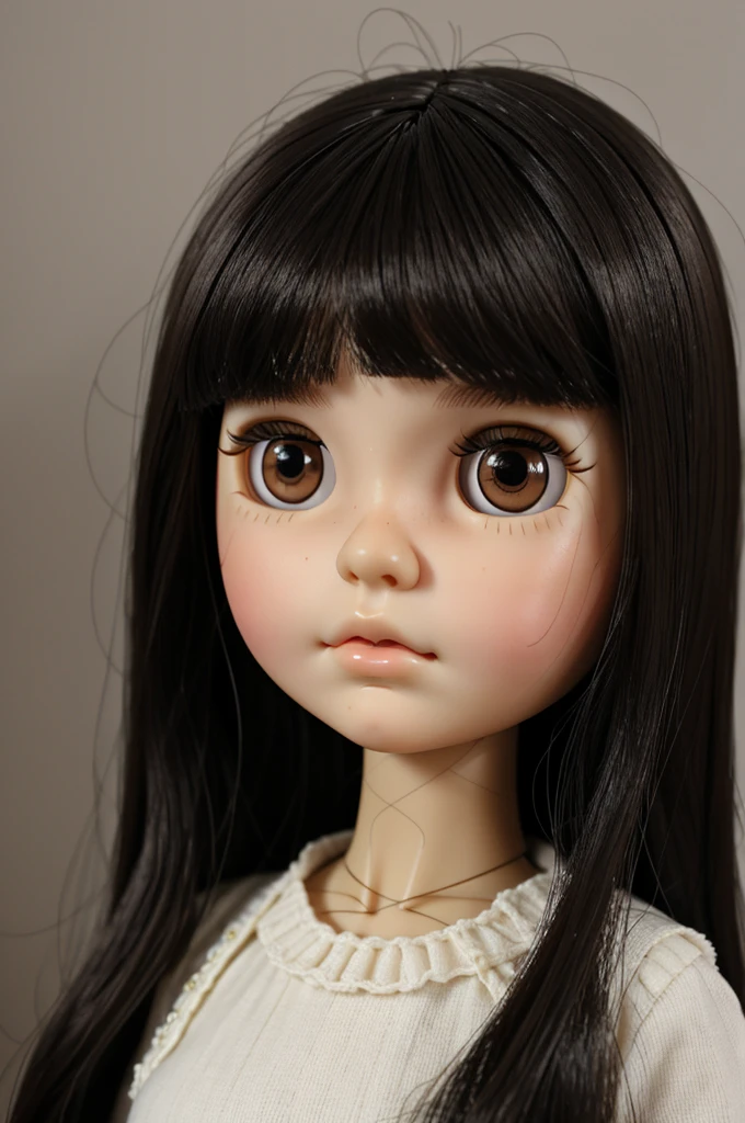 Blythe doll, chubby girl, round face, brunette, Mole under the right eye, dark brown eyes and a LITTLE slanted, black hair, thick lips, long eyelashes, straight hair