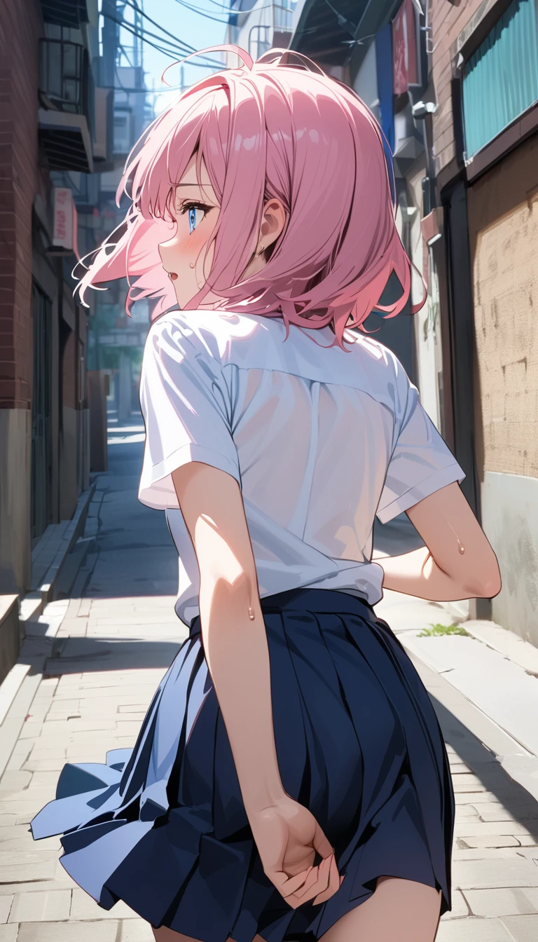 (Best Picture Quality, 8K, Masterpiece:1.3),(high school student:1.5), (pink medium hair), (Bedhead:1.5), (slant skyblue eyes), ((school uniform, short simple sleeve shirt, darkblue skirt, pink tie)), (super clear:1.5), (morning city alley Setting),(running:1.3),(panicking),(sweat:1.3),((looking back:1.3)),(back shot:1.3),(upper body).