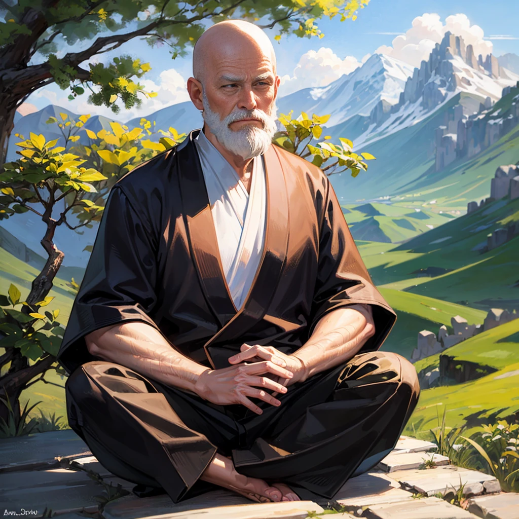 oldman monk, bald , long white beard , straight-faced photo. meditating, under a tree, on a high mountain, behind are mountains big and small as far as the eye can see, calm, heal the mind.