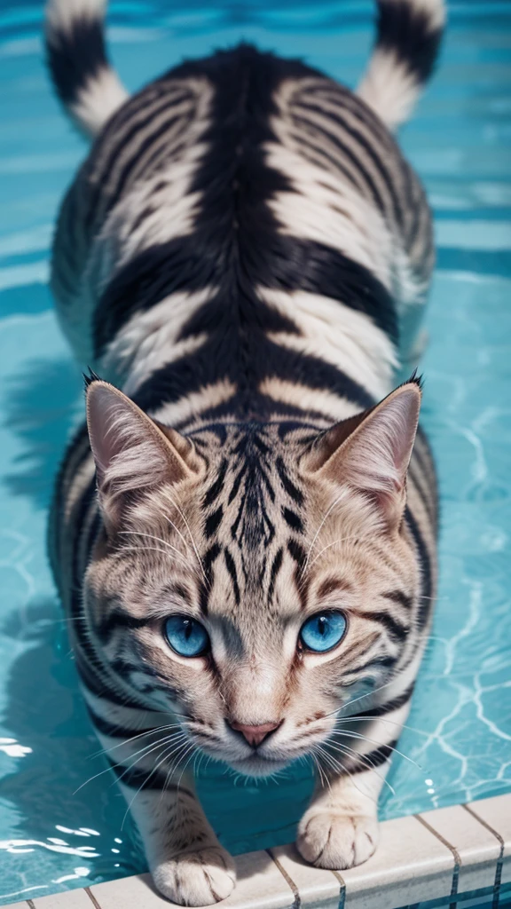 a striped cat with blue eyes and squint with an M on its forehead swimming in a pool of water
