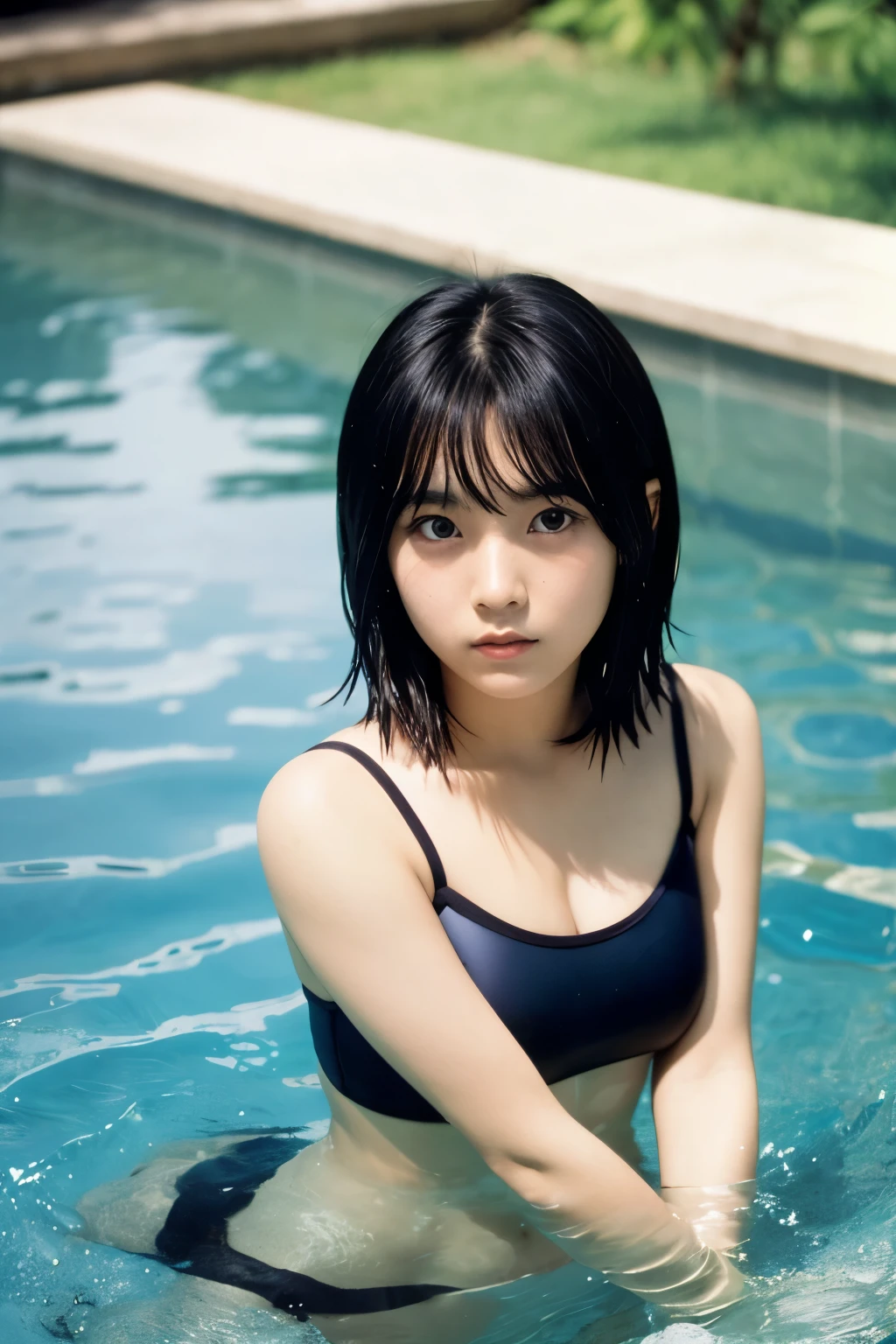 swim ware,full body of a 20-year-old Japanese beauty snapshot turned and looked at camera, double and big eyes,face is ennui, black bob hair