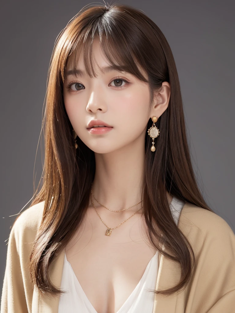  ((Highest quality, 8K, masterpiece:1.3)), concentrate: 1.2, Perfect body beauty: 1.4, Hips: 1.2, ((Long Hair, chest: 1.2)), (Dry clothes: 1.1) , (clear, Simple Background:1.3), Simple clothes: 1.1, Highly detailed face and skin texture,Delicate eyes, double eyelid, Whitened skin, Rough skin、Long Hair、Earrings with bangs、necklace、 solo、Beige coat、White shirt,  (((Beautiful girl with cute Japan)))、  ((Beautiful Japanese girl 20 years old))、 ((Baby Face))、 (((Slender body)))、  Upper Body，Face focus、necklace，Simple Background，From above， Realistic Hair、 A photograph was taken:Canon EOS R6、135mm、1/1250 seconds、f2.8、ISO400、(Detailed explanation of the hand)、(Masseter muscle area)、(Exquisite CG)、Long Hair, loose and curly hair、Korean Hair、Long Hair明るいベージュ色、グラデーションハイライトグレージュのゆるふわLong Hairスタイル、