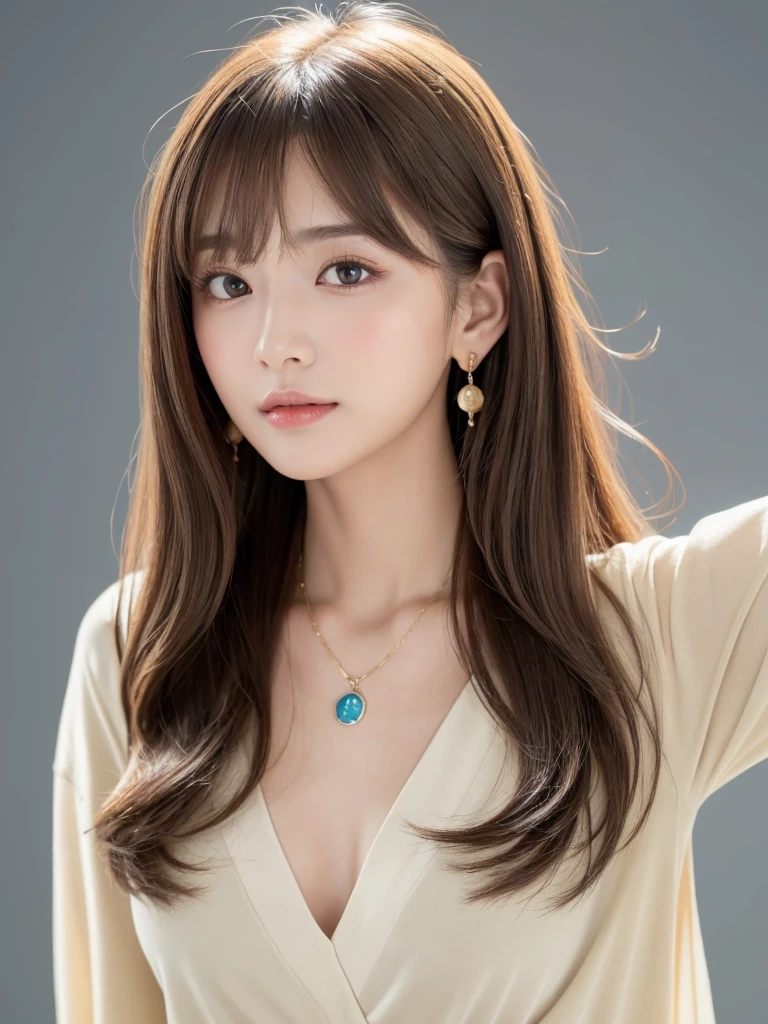 ((Highest quality, 8K, masterpiece:1.3)), concentrate: 1.2, Perfect body beauty: 1.4, Hips: 1.2, ((Long Hair, chest: 1.2)), (Dry clothes: 1.1) , (clear, Simple Background:1.3), Simple clothes: 1.1, Highly detailed face and skin texture,Delicate eyes, double eyelid, Whitened skin, Rough skin、Long Hair、Earrings with bangs、necklace、 solo、Beige coat、White shirt, (((Beautiful girl with cute Japan)))、 ((Beautiful Japanese girl 20 years old))、 ((Baby Face))、 (((Slender body)))、 Upper Body,Face focus、necklace,Simple Background,From above, Realistic Hair、 A photograph was taken:Canon EOS R6、135mm、1/1250 seconds、f2.8、ISO400、(Detailed explanation of the hand)、(Masseter muscle area)、(Exquisite CG)、Long Hair, loose and curly hair、Korean Hair、Long Hair明るいベージュ色、グラデーションハイライトグレージュのゆるふわLong Hairスタイル、