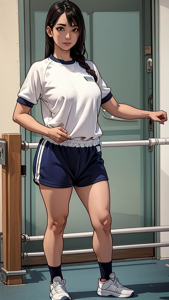 arafed lady in gym uniform, full body, standing.