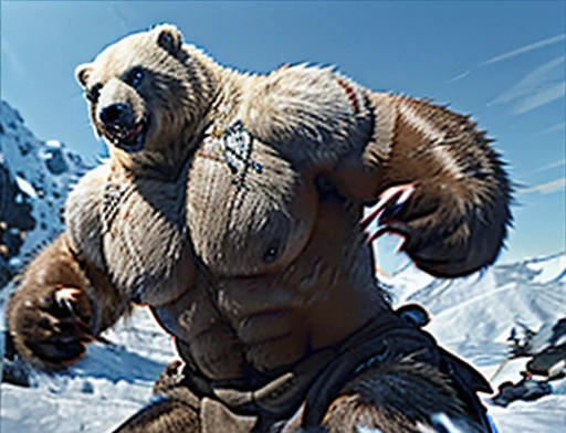 A frontal image of the moment of a polar bear attack on Expectador . The polar bear attacks the spectator with his binges, the bear is furious . Animal rage rage . He wears a very torn and torn leather blanket as primitive clothing.. He attacks , dynamic angle.