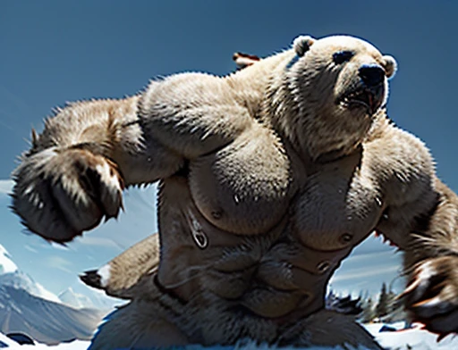 A frontal image of the moment of a polar bear attack on Expectador . The polar bear attacks the spectator with his binges, the bear is furious . Animal rage rage . He wears a very torn and torn leather blanket as primitive clothing.. He attacks , dynamic angle.