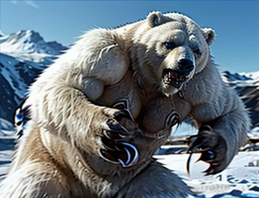 A frontal image of the moment of a polar bear attack on Expectador . The polar bear attacks the spectator with his binges, the bear is furious . Animal rage rage . He wears a very torn and torn leather blanket as primitive clothing.. He attacks , dynamic angle.