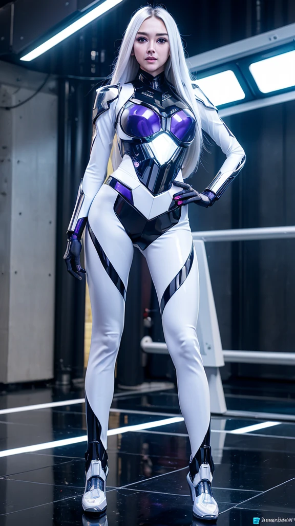 1girl, ultra realistic, ultra crisp, NVIDIA RTX, unreal engine, perfect slim body, realistic face, perfect face, realistic body, epic skin details, white hair, hyper rendering, ultra details, glowing eyes, purple eyes, blush, parted lips, cybernetic ear, cybernetic hands, cybernetic legs, luminous cybernetic futuristic metalic mechanical body, ultra realistic lights reflection details, ((full body shown)), from below, posing in the middle.