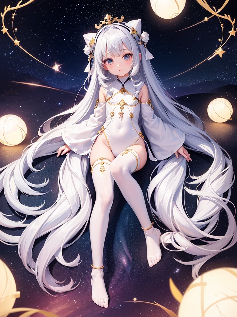 li，masterpiece, high resolution, best quality, Very detailed,wallpaper，Space starry sky background，Cute and cute，A body made of white jade，Silver long hair，Height one meter five，V-shaped jumpsuit，Full body picture,No shoes，Very small feet，Feet made of white jade，Detail of reproductive organs，Directly facing the top view