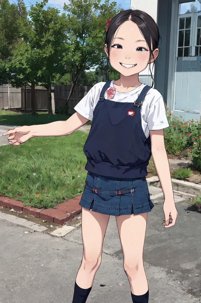 best quality, masterpiece, detailed,2d,flat color, 1girl,,petit,grin,outdoor,miniskirt,socks,