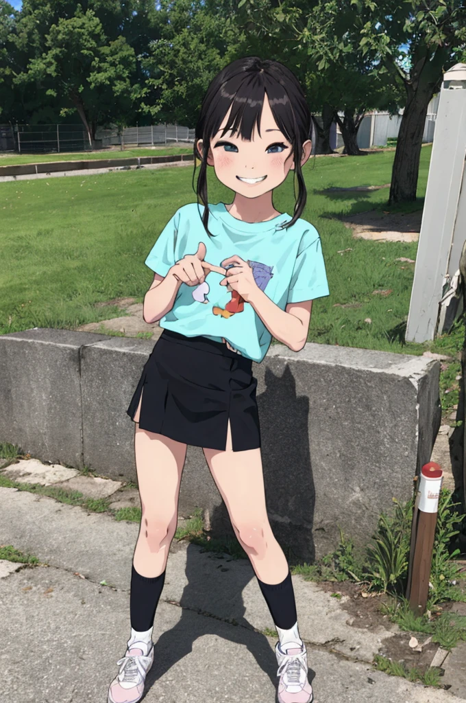 best quality, masterpiece, detailed,2d,flat color, 1girl,,petit,grin,outdoor,miniskirt,socks,