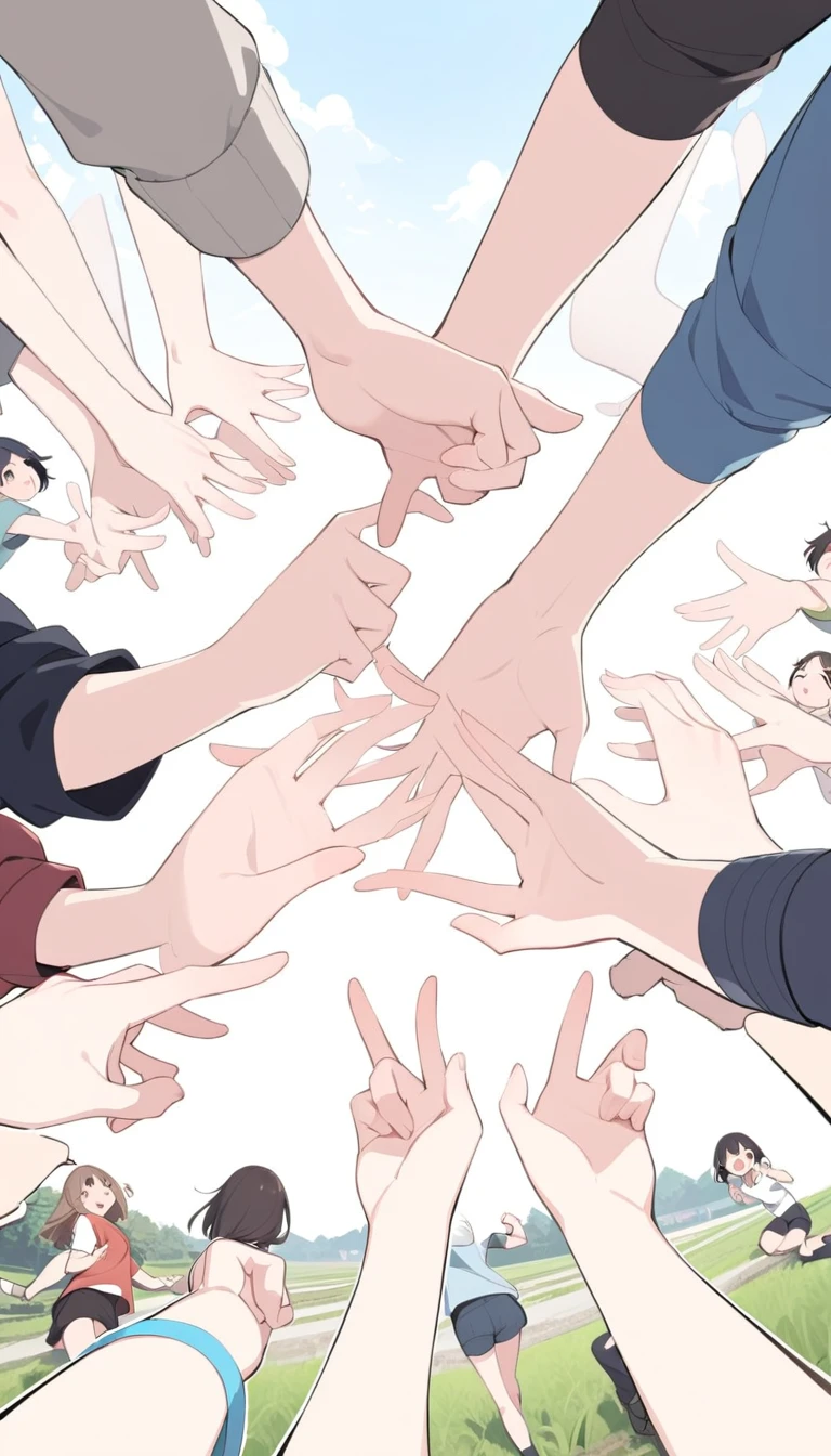 one poster kids play a rock paper scissors game, 8 kids playing rock paper scissors game in rice field, one picture, one poster, only one