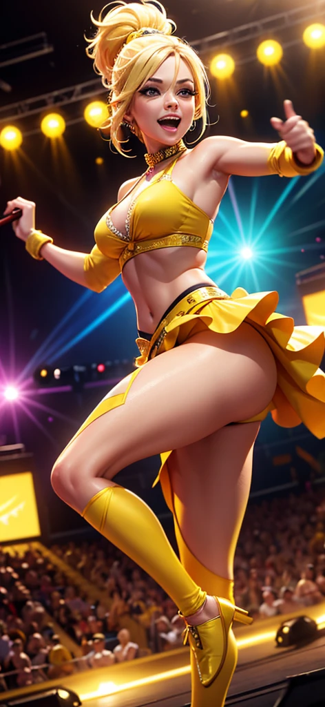 Generate an image of a blonde woman wearing flashy yellow clothes and holding maracas while dancing. Set her in a vibrant and energetic performance setting, such as a lively stage with colorful lights and cheering audience, or a festive event with music and dancing. Capture the charisma and excitement of her performance, showcasing her passion for entertaining and engaging with the crowd. Enhance the image with elements that symbolize entertainment and energy, creating a visually captivating and dynamic scene.