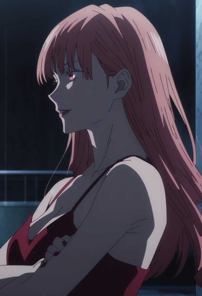 1girl, female gojo satoru, anime screencap from jujutsu kaisen, gojo satoru female version, solo, medium_hair, red eyes ((red_hair)), night view, breasts, upper_body, smile, indoors, book, bangs, red_eyes, lips, ((Jinx hair)) wearing an elegant red dress with thin straps, breast, "very detailed and high resolution" (red eyes) ((cross arms))  ((long hair)) ((solo)) 