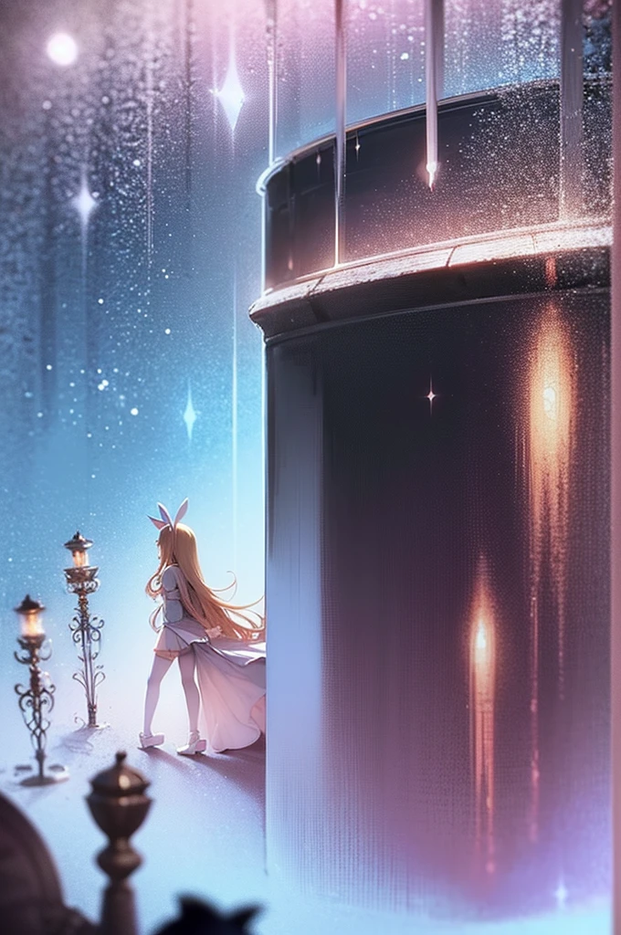 Alice (in wonderland), pretty girl (feminine), adolescent, funny body, Scrawny, breastsout, soft and charming look, roupas feminines (long white and flowery dress, white tights, bunny ears, high-heels, in the forest at night, full moon visible in the background, 8K, best qualityer, realistic anime style, RPG