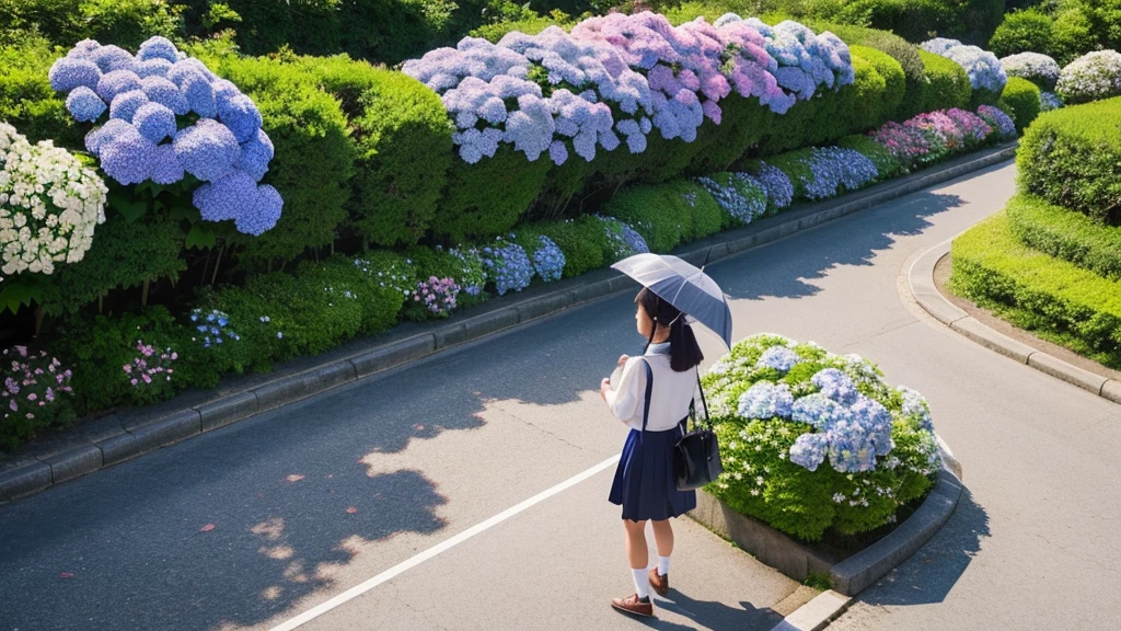 Be sure to look down on the view from directly above: A Japanese high school girl walking with an umbrella along one street. Beautiful flowers and hydrangea along the road. Glossy scenery.