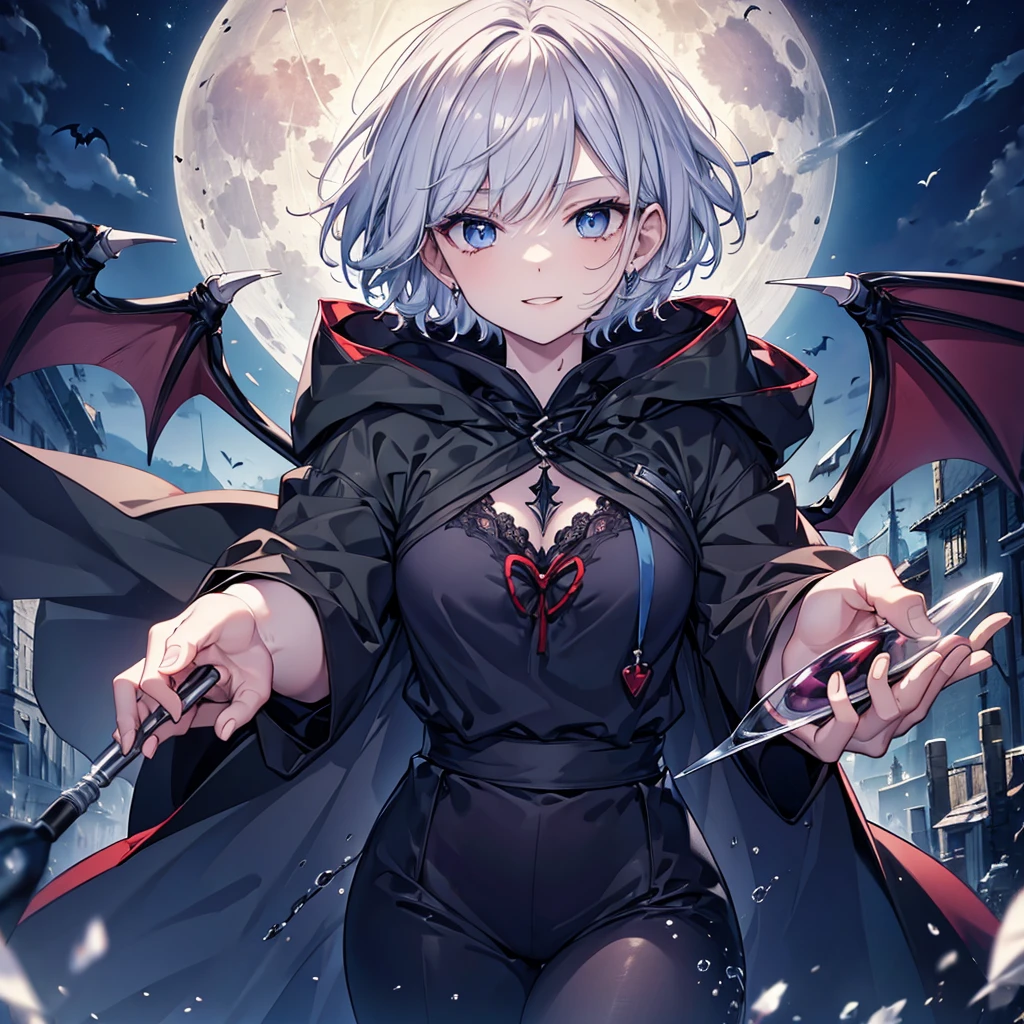 ((((vampire　inflammation))))　(((Gray Hair　short hair　blue eyes　woman　Center close-up　wine glass)))，((night　full moon　My own big wings　Town))，(Wearing a hood　Black camisole　Purple light　Wearing a cloak)，　Creepy Smile　Showing teeth　Shining Background　Shining Edges