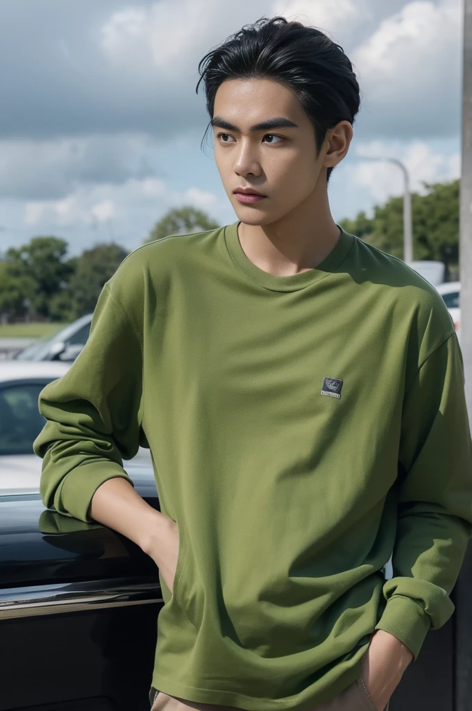 Young man in a green shirt Standing on the roadside with a serious expression, looking into the distance，Eyebrows frowned.，He looked worried.，Turn your head slightly.，Cloudy day, coffee shop