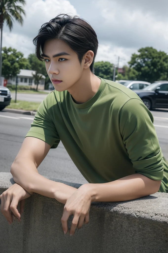 Young man in a green shirt Standing on the roadside with a serious expression, looking into the distance，Eyebrows frowned.，He looked worried.，Turn your head slightly.，Cloudy day, coffee shop