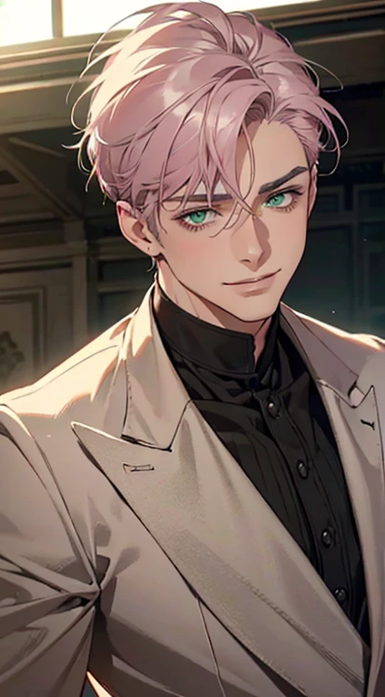 a mature man with short grey pink hair, green eyes, 31 years, and a perfect face, smiling in love, CEO, cinematic lighting, 1:4 HDR image, top view, ultra detailed, best quality, masterpiece, 8K, photorealistic, beautiful image