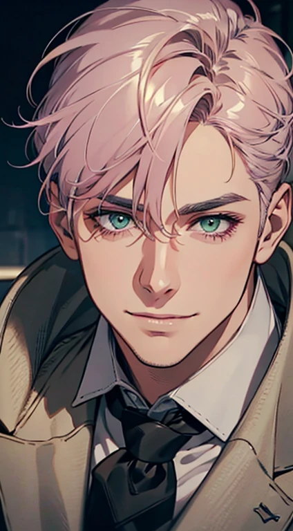 a mature man with short grey pink hair, green eyes, 31 years, and a perfect face, smiling in love, CEO, cinematic lighting, 1:4 HDR image, top view, ultra detailed, best quality, masterpiece, 8K, photorealistic, beautiful image