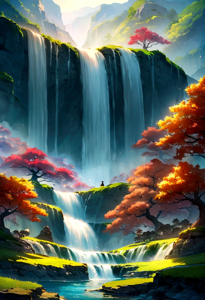 mythological creatures,((Dragons in Chinese mythology)),Traditional Chinese elements,Ancient murals,Illustrative myths,Fuyao Legend,Dappled light,Hazy haze,mystical aura,tmasterpiece,k hd,Rich in color,Detailed details,Seven colors,Landscape waterfall