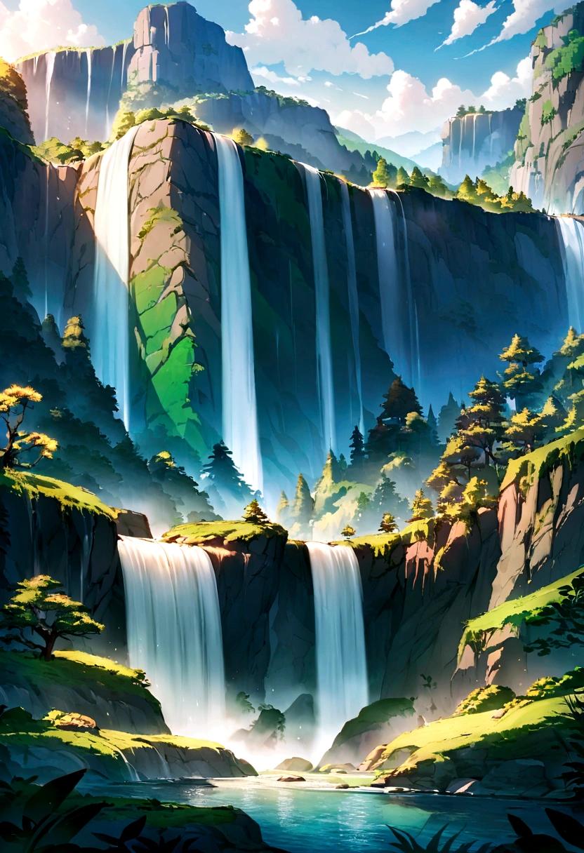 mythological creatures,((Dragons in Chinese mythology)),Traditional Chinese elements,Ancient murals,Illustrative myths,Fuyao Legend,Dappled light,Hazy haze,mystical aura,tmasterpiece,k hd,Rich in color,Detailed details,Seven colors,Landscape waterfall