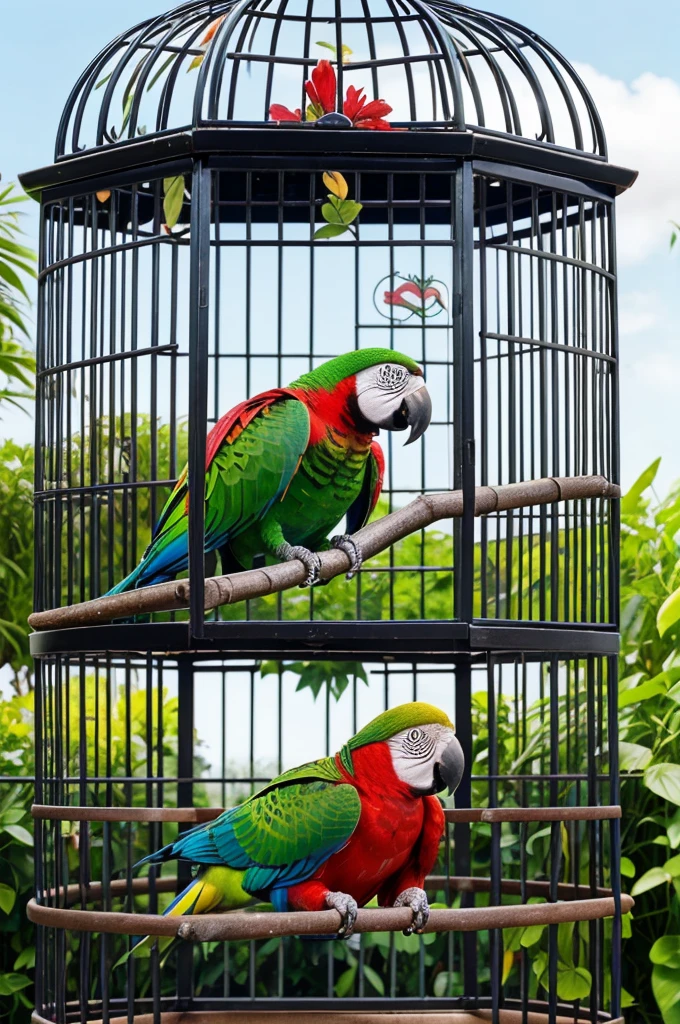 Left Frame:A parrot inside a cage.The parrot should look unhappy and distressed.The cage should have visible bars to indicate confinement.Right Frame:A parrot flying freely in a garden.The parrot should look happy and joyful.The garden should have colorful flowers, green trees, and a bright sky to convey a sense of freedom and happiness.