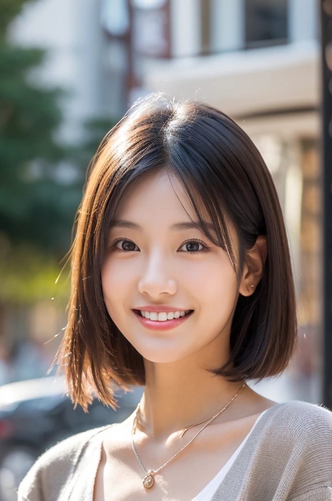 A beautiful young Japanese woman, 27 years old, in a stylish cafe terrace setting, wearing everyday casual clothes with a thin silver necklace. She has a kind, enticing smile, and her face is captured in exquisite detail, with realistic eyes, beautiful skin, and perfect teeth. The lighting is professional, highlighting her features and creating a natural, photorealistic look. The background is simple, allowing the focus to remain on her captivating presence. (best quality,4k,8k,highres,masterpiece:1.3),ultra-detailed,(realistic,photorealistic,photo-realistic:1.37),HDR,UHD,studio lighting,ultra-fine painting,sharp focus,physically-based rendering,extreme detail description,professional,vivid colors,bokeh,portraits,photography,natural color reproduction,noise reduction,high fidelity,quality,software updates,optimized algorithms,one beautiful woman,detailed face,beautiful eyes,realistic eyes,eyes in beautiful details,real looking skin,beautiful skins,enticing,depth of fields,high resolution,high pixel count,clear details,sharp photo,face perfect,perfect chest,perfect teeth,perfect tooth alignment,sexy lips,ears are visible,looking away,don't look into the viewer's eyes,a smile,kindly smile,the golden ratio,detail face:1.2,professional lighting,lighting the face,best light,japanese,japanese girl,photo of a cute japanese woman,small necklace,thin silver necklace,simple background,wear suit,casual pose,short hair swaying in the wind