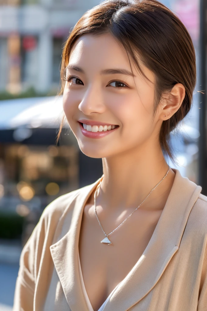 A beautiful young Japanese woman, 27 years old, in a stylish cafe terrace setting, wearing everyday casual clothes with a thin silver necklace. She has a kind, enticing smile, and her face is captured in exquisite detail, with realistic eyes, beautiful skin, and perfect teeth. The lighting is professional, highlighting her features and creating a natural, photorealistic look. The background is simple, allowing the focus to remain on her captivating presence. (best quality,4k,8k,highres,masterpiece:1.3),ultra-detailed,(realistic,photorealistic,photo-realistic:1.37),HDR,UHD,studio lighting,ultra-fine painting,sharp focus,physically-based rendering,extreme detail description,professional,vivid colors,bokeh,portraits,photography,natural color reproduction,noise reduction,high fidelity,quality,software updates,optimized algorithms,one beautiful woman,detailed face,beautiful eyes,realistic eyes,eyes in beautiful details,real looking skin,beautiful skins,enticing,depth of fields,high resolution,high pixel count,clear details,sharp photo,face perfect,perfect chest,perfect teeth,perfect tooth alignment,sexy lips,ears are visible,looking away,don't look into the viewer's eyes,a smile,kindly smile,the golden ratio,detail face:1.2,professional lighting,lighting the face,best light,japanese,japanese girl,photo of a cute japanese woman,small necklace,thin silver necklace,simple background,wear suit,casual pose,short hair swaying in the wind