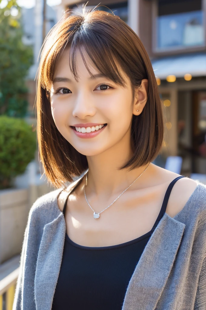 A beautiful young Japanese woman, 27 years old, in a stylish cafe terrace setting, wearing everyday casual clothes with a thin silver necklace. She has a kind, enticing smile, and her face is captured in exquisite detail, with realistic eyes, beautiful skin, and perfect teeth. The lighting is professional, highlighting her features and creating a natural, photorealistic look. The background is simple, allowing the focus to remain on her captivating presence. (best quality,4k,8k,highres,masterpiece:1.3),ultra-detailed,(realistic,photorealistic,photo-realistic:1.37),HDR,UHD,studio lighting,ultra-fine painting,sharp focus,physically-based rendering,extreme detail description,professional,vivid colors,bokeh,portraits,photography,natural color reproduction,noise reduction,high fidelity,quality,software updates,optimized algorithms,one beautiful woman,detailed face,beautiful eyes,realistic eyes,eyes in beautiful details,real looking skin,beautiful skins,enticing,depth of fields,high resolution,high pixel count,clear details,sharp photo,face perfect,perfect chest,perfect teeth,perfect tooth alignment,sexy lips,ears are visible,looking away,don't look into the viewer's eyes,a smile,kindly smile,the golden ratio,detail face:1.2,professional lighting,lighting the face,best light,japanese,japanese girl,photo of a cute japanese woman,small necklace,thin silver necklace,simple background,wear suit,casual pose,short hair swaying in the wind