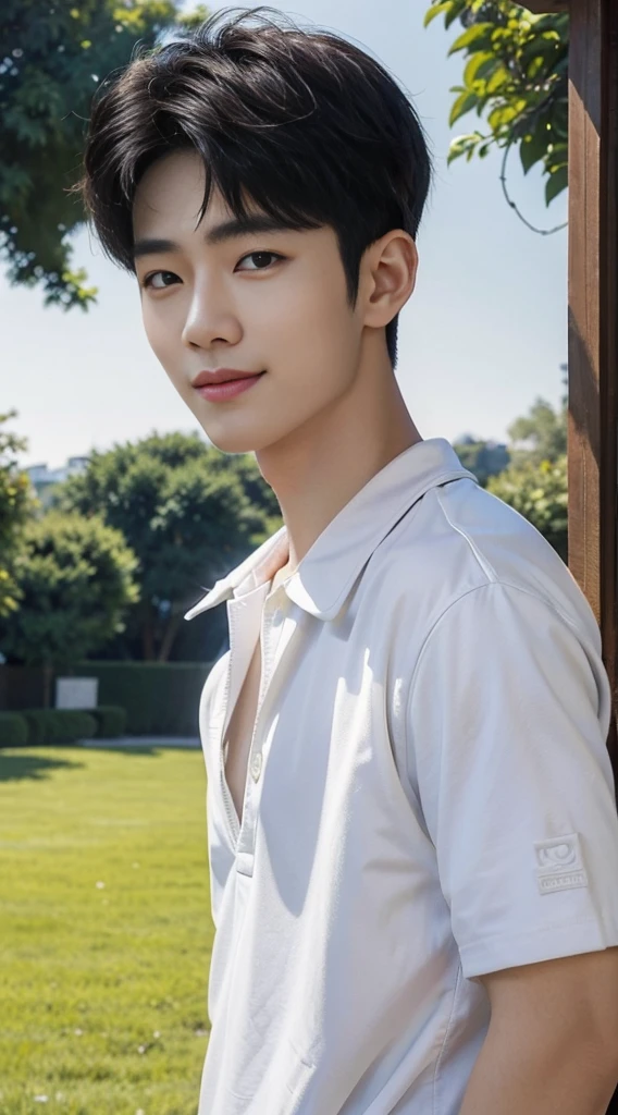(As a matter of fact, Masterpiece, 8k HD, good light quality, sportswear, fit the face, complicated details), Handsome Korean young man, 20 years old, be happy, smile brightly, detailed face, delicate eyes, มองดูsky, Wear casual clothes, period, black eyes, Black hair color, ผมsmooth, smooth, outdoor sports, Along the garden, Sunny,sky,Surreal,Awesome details,Highest quality,real,