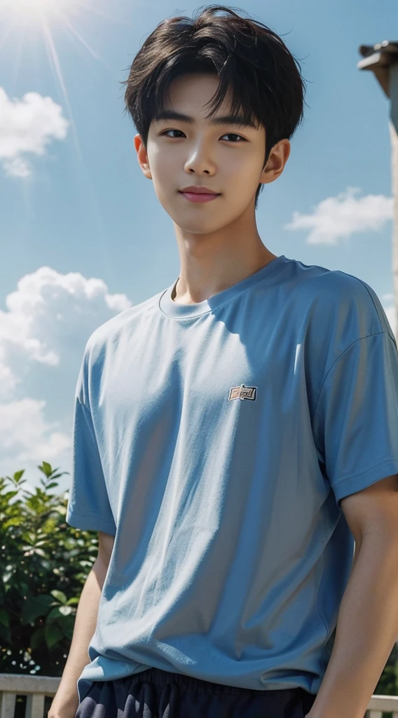 (As a matter of fact, Masterpiece, 8k HD, good light quality, sportswear, fit the face, complicated details), Handsome Korean young man, 20 years old, be happy, smile brightly, detailed face, delicate eyes, มองดูsky, Wear casual clothes, period, black eyes, Black hair color, ผมsmooth, smooth, outdoor sports, Along the garden, Sunny,sky,Surreal,Awesome details,Highest quality,real,