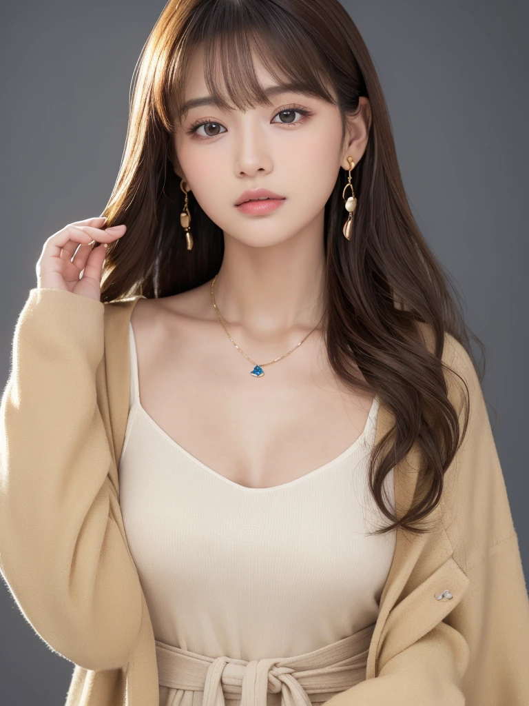 ((Highest quality, 8K, masterpiece:1.3)), concentrate: 1.2, Perfect body beauty: 1.4, Hips: 1.2, ((Long Hair, chest: 1.2)), (Dry clothes: 1.1) , (clear, Simple Background:1.3), Simple clothes: 1.1, Highly detailed face and skin texture,Delicate eyes, double eyelid, Whitened skin, Rough skin、Long Hair、Earrings with bangs、necklace、 solo、Beige coat、White shirt, (((Beautiful girl with cute Japan)))、 ((Beautiful Japanese girl 20 years old))、 ((Baby Face))、 (((Slender body)))、 Upper Body,Face focus、necklace,Simple Background,From above, Realistic Hair、 A photograph was taken:Canon EOS R6、135mm、1/1250 seconds、f2.8、ISO400、(Detailed explanation of the hand)、(Masseter muscle area)、(Exquisite CG)、Long Hair, loose and curly hair、Korean Hair、Long Hair明るいベージュ色、グラデーションハイライトグレージュのゆるふわLong Hairスタイル、