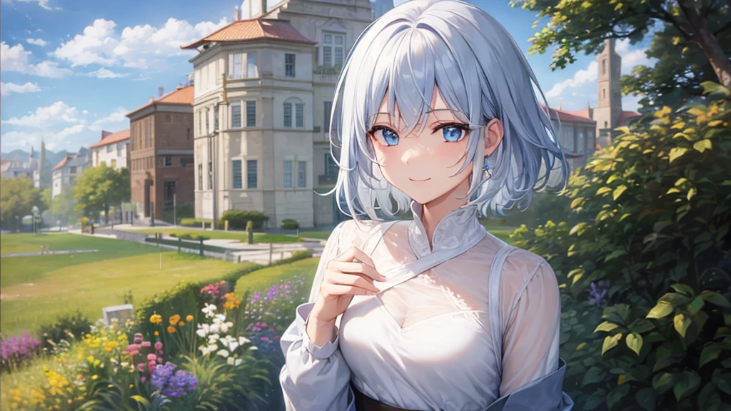 Ultra HD,Look at the viewers, Put your hands behind your back, With a girl, 20-year-old, Very short hair, Long bangs between the eyes, Pale blue eyes, hoodie, skirt , Very detailed,(masterpiece、Highest quality),Gray Hair、Laughter、Fantastic, Silver Hair, Iris, Short hair 、Casual style cowboy shot、Fluttering Hair、Small Face、Bright smile、(Detailed face) ,Professional Lighting,Wonderful landscape,blue sky, sunlight,Looking down from above,Portraiture、Open your mouth、Flower Field