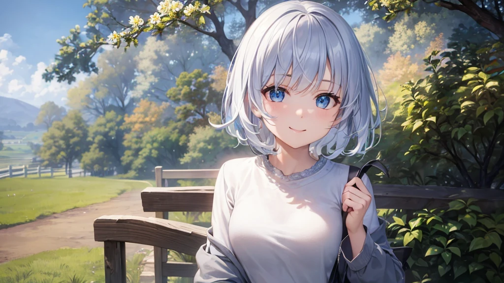 Ultra HD,Look at the viewers, Put your hands behind your back, With a girl, 20-year-old, Very short hair, Long bangs between the eyes, Pale blue eyes, hoodie, skirt , Very detailed,(masterpiece、Highest quality),Gray Hair、Laughter、Fantastic, Silver Hair, Iris, Short hair 、Casual style cowboy shot、Fluttering Hair、Small Face、Bright smile、(Detailed face) ,Professional Lighting,Wonderful landscape,blue sky, sunlight,Looking down from above,Portraiture、Open your mouth、Flower Field